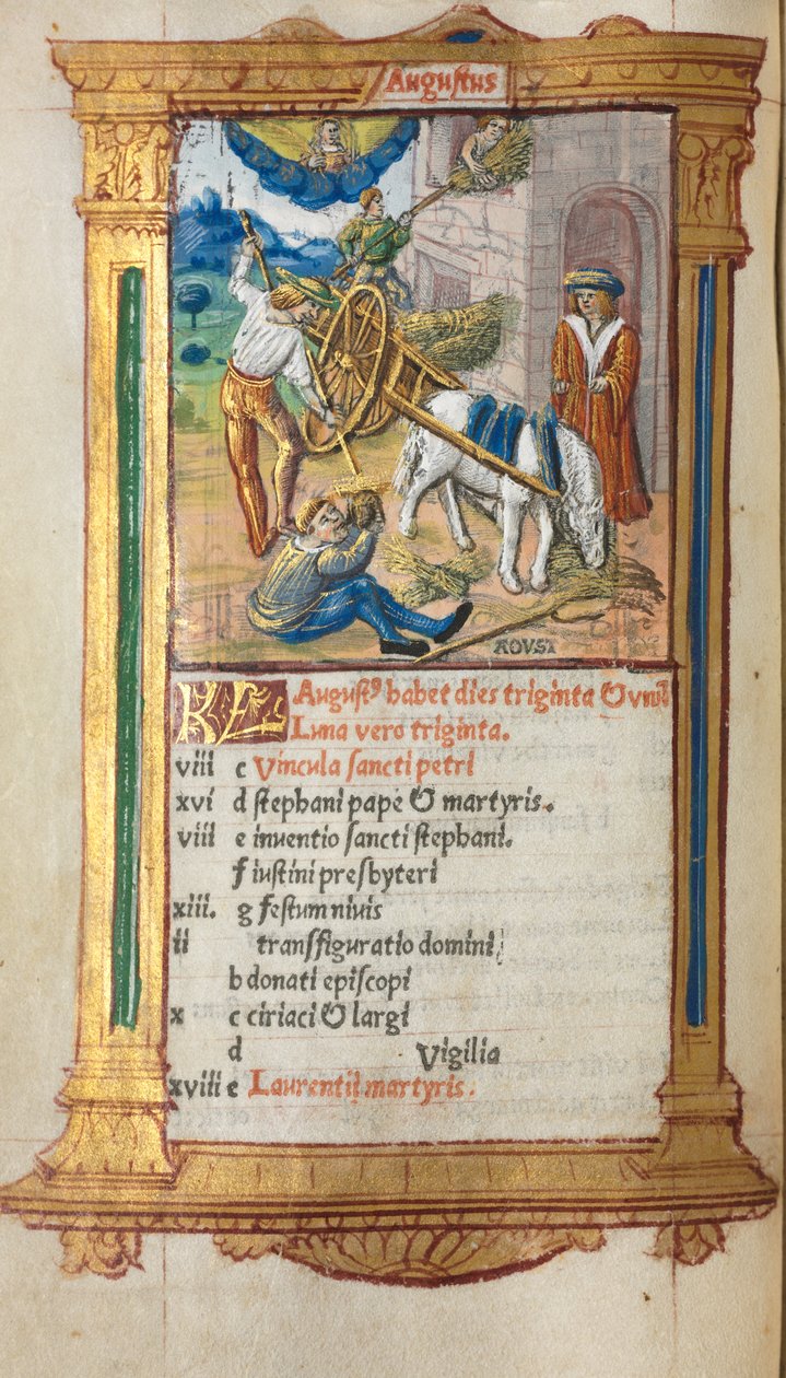 Livro de horas impresso (uso de Roma): fol. 9v, ilustração do calendário de agosto de Guillaume Le Rouge