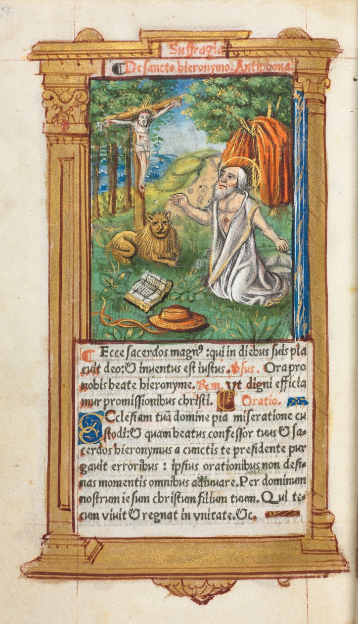 Livro das Horas Impresso Uso de Roma: fol. 107v, São Jerônimo e o Leão, 1510. de Guillaume Le Rouge