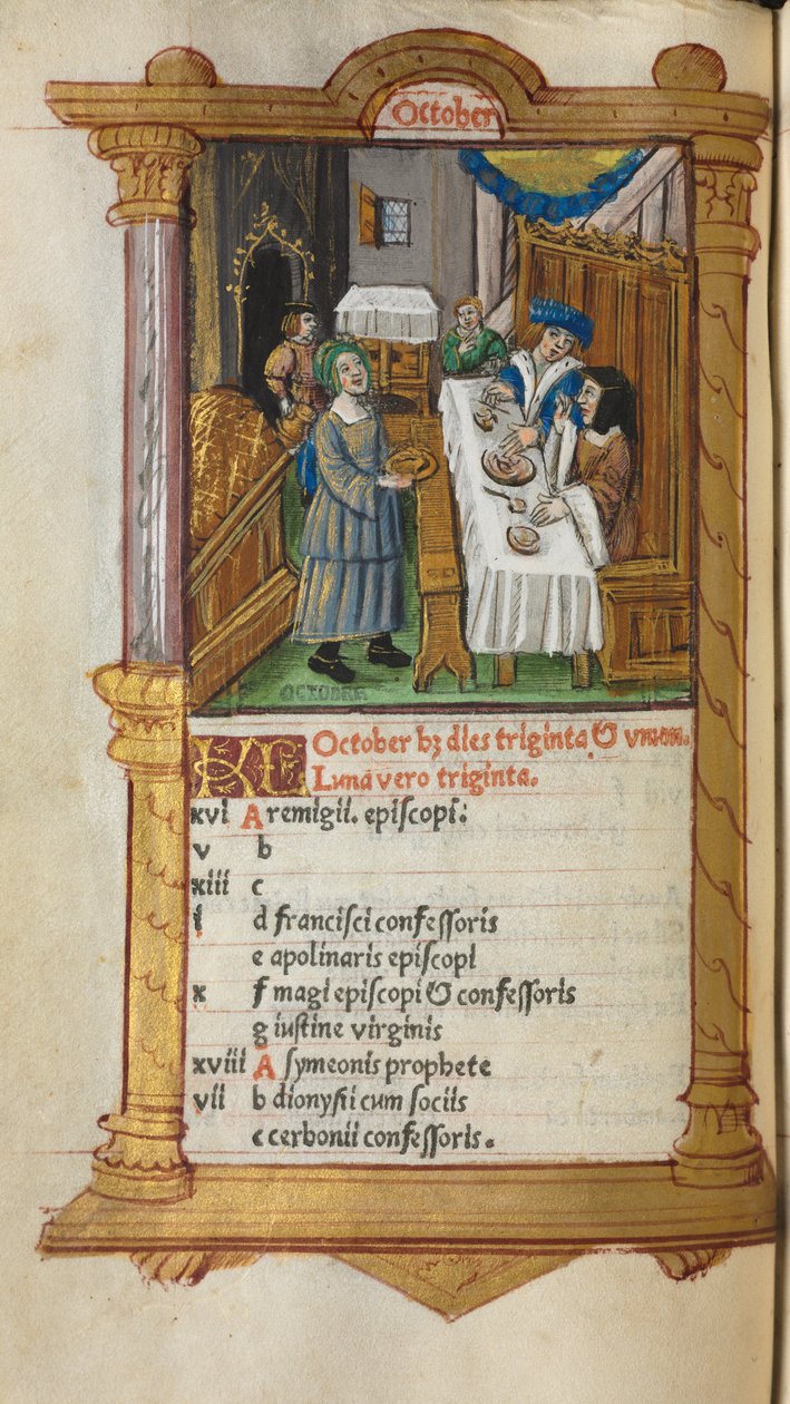 Livro das Horas Impresso Uso de Roma: fol. 11v, página do calendário de outubro de 1510. de Guillaume Le Rouge