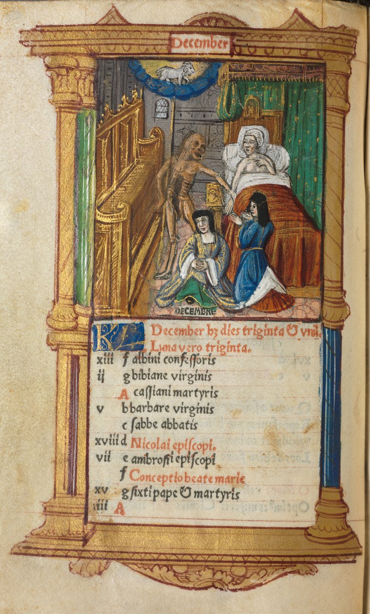 Livro das Horas Impresso Uso de Roma: fol. 13v, página do calendário de dezembro de 1510. de Guillaume Le Rouge