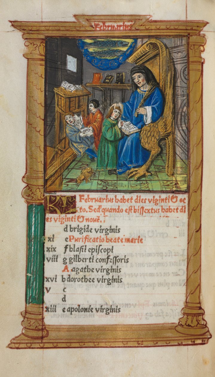 Livro das Horas Impresso Uso de Roma: fol. 3v, ilustração do calendário de fevereiro, 1510. de Guillaume Le Rouge