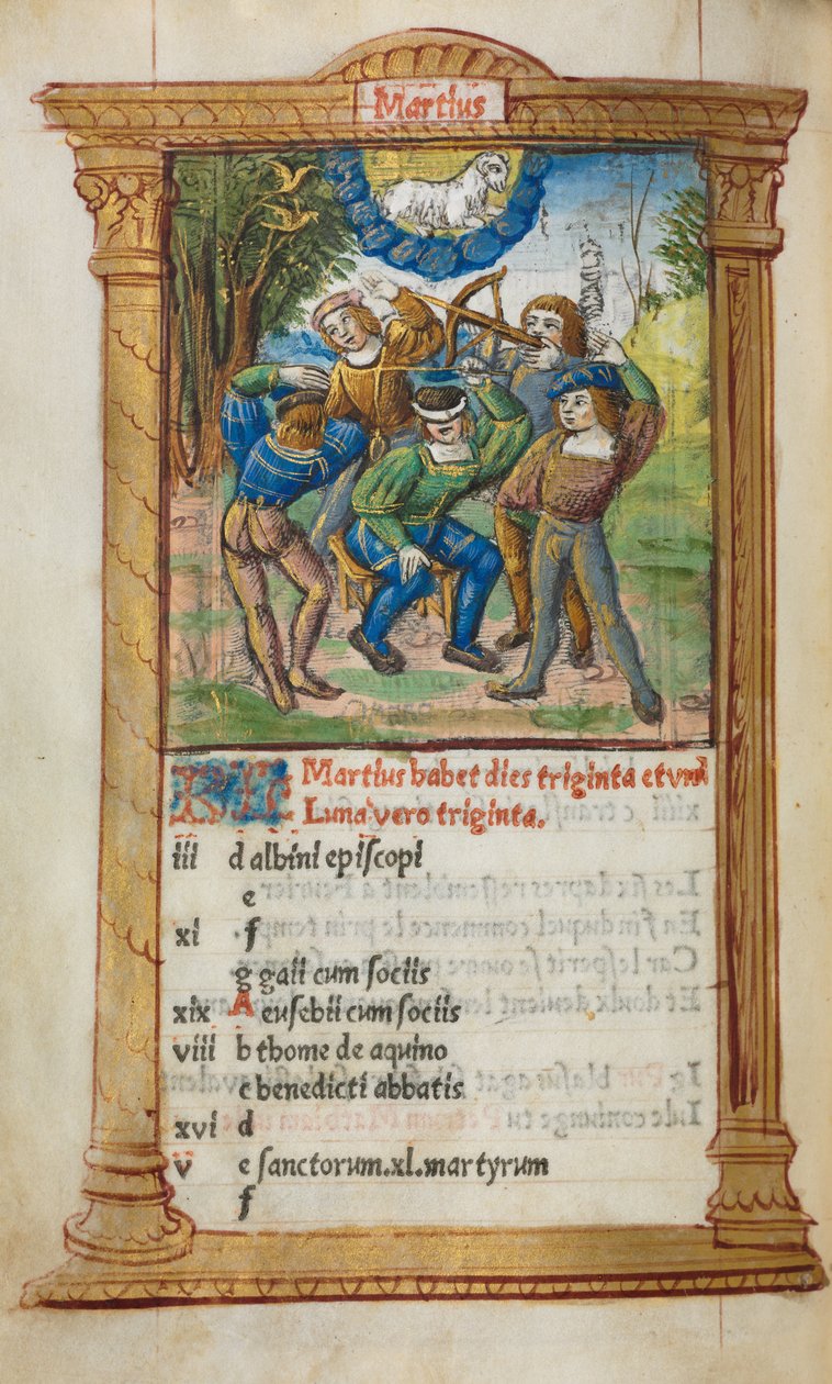 Livro das Horas Impresso Uso de Roma: fol. 4v, ilustração de calendário de março, 1510. de Guillaume Le Rouge