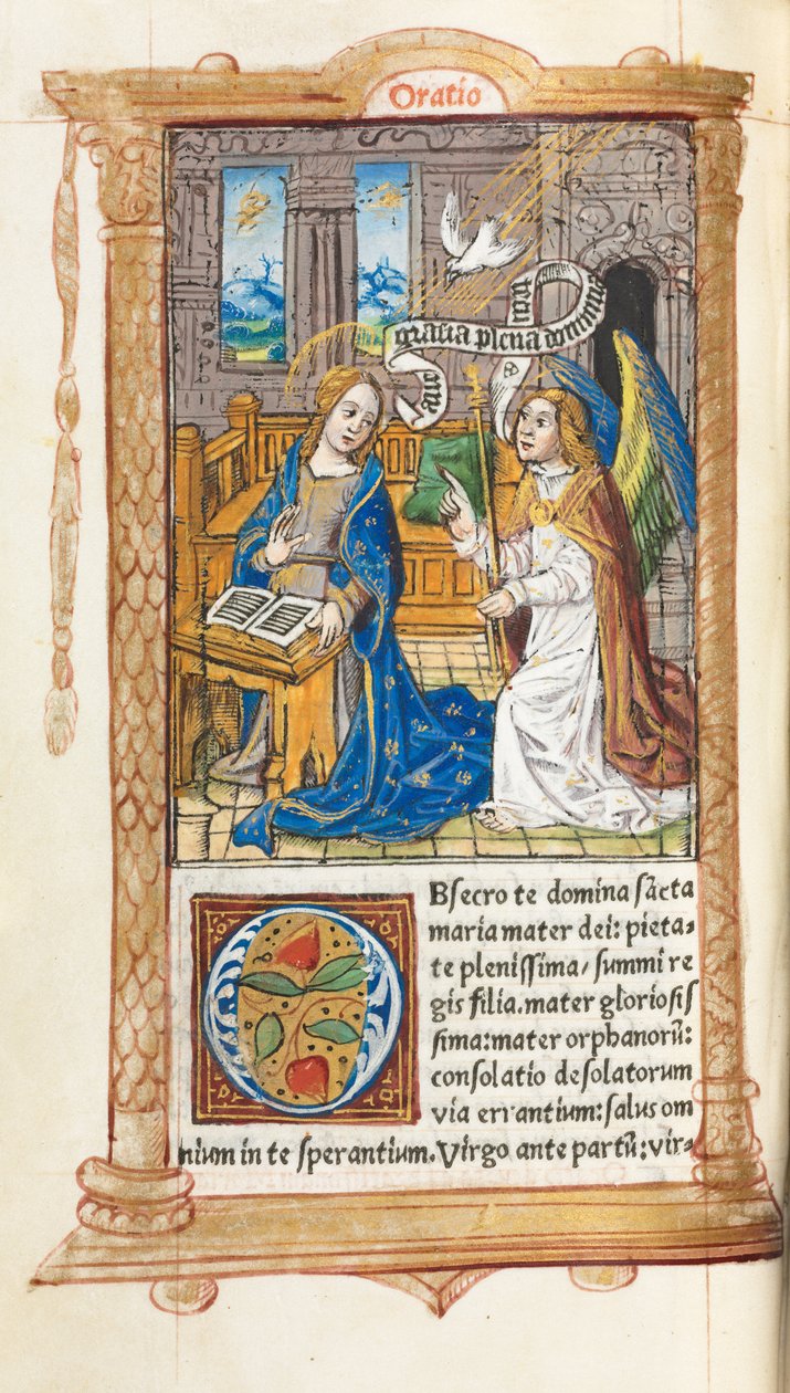 Livro das Horas Impresso Uso de Roma: fol. 60v, A Anunciação, 1510. de Guillaume Le Rouge
