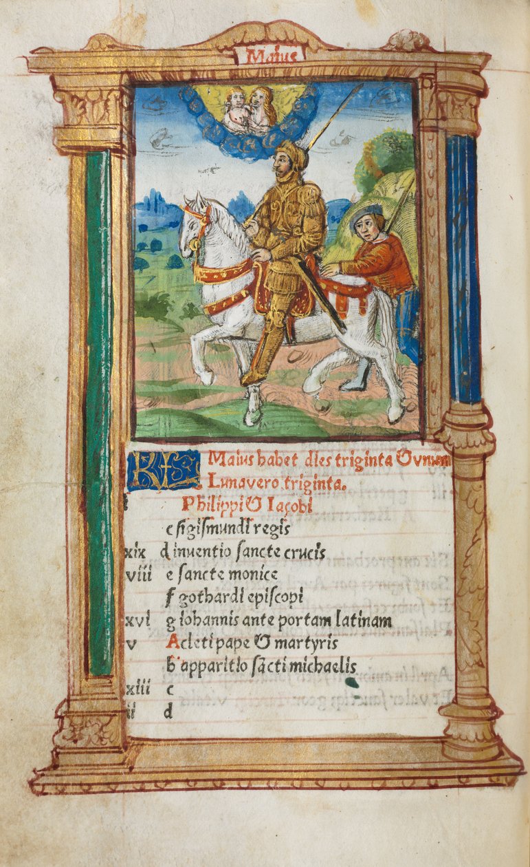 Livro de Horas Impresso Uso de Roma: fol. 6v, ilustração do calendário de maio, 1510. de Guillaume Le Rouge