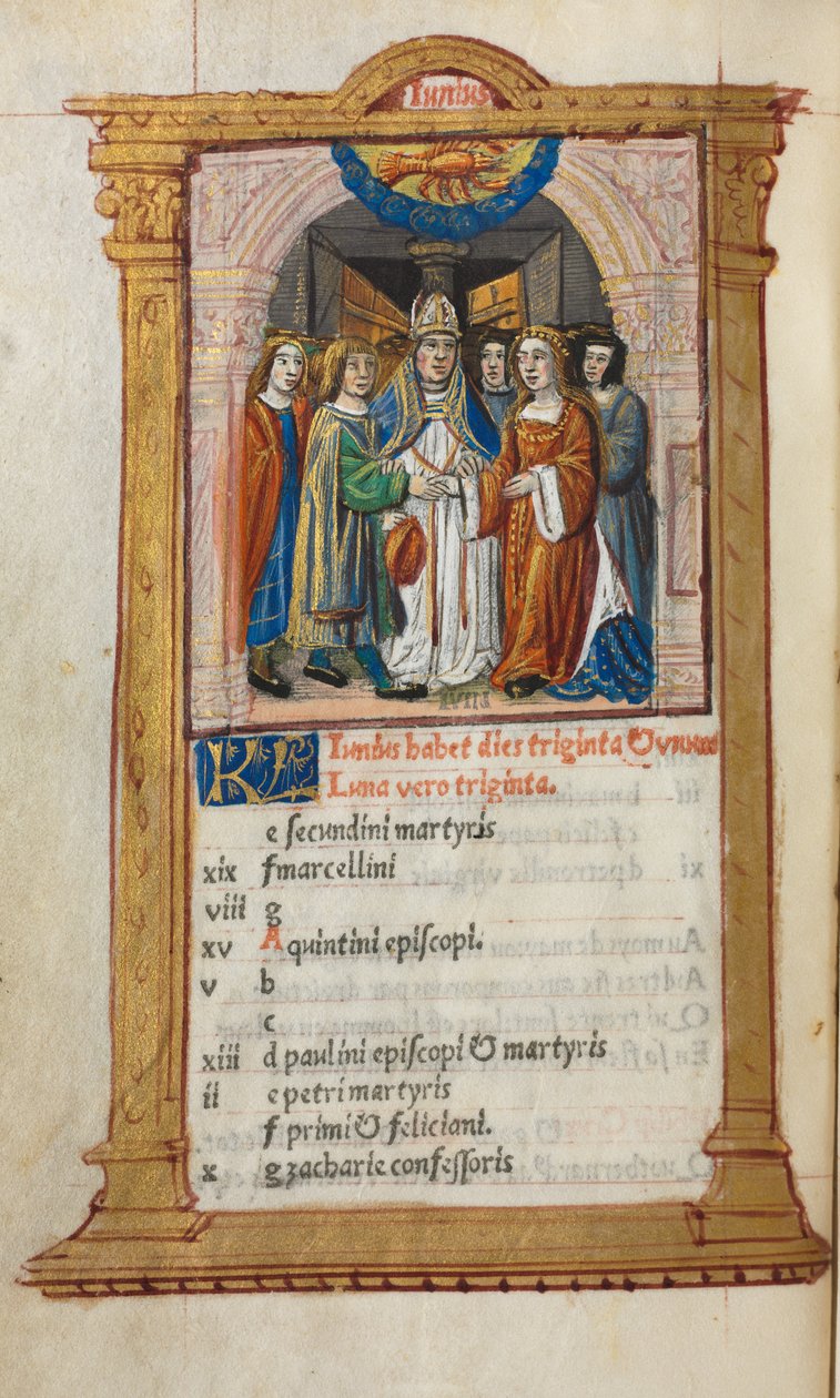 Livro das Horas Impresso Uso de Roma: fol. 7v, ilustração do calendário de junho, 1510. de Guillaume Le Rouge