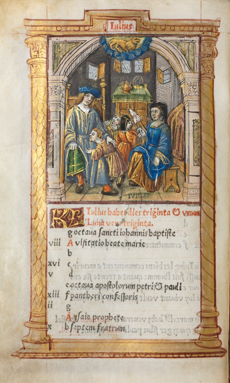 Livro das Horas Impresso Uso de Roma: fol. 8v, ilustração de calendário de julho de 1510. de Guillaume Le Rouge