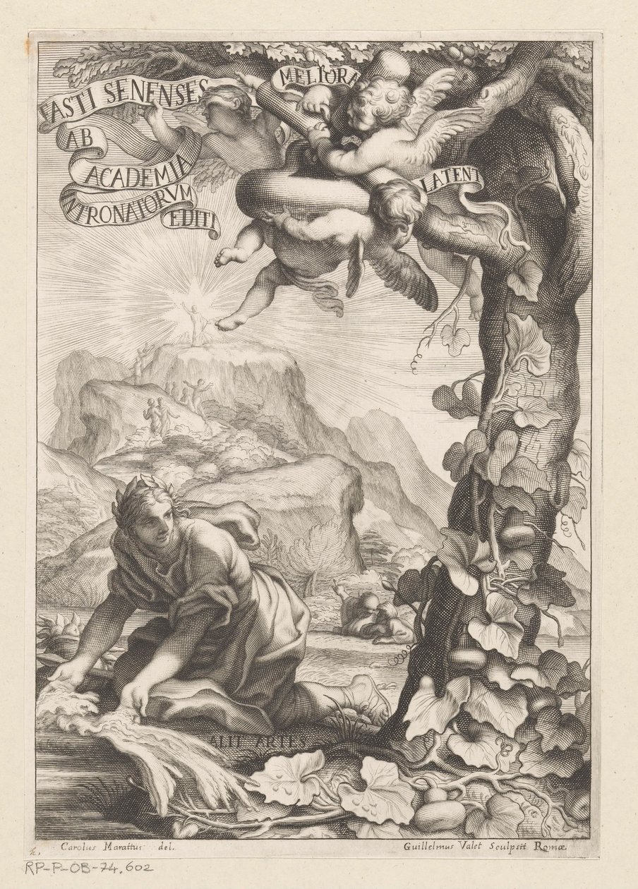 Representação alegórica de uma aclamada mulher regando uma cabaça; no fundo as figuras sobem uma montanha Página de rosto para: Giovanni Baptista Ferrari, Fasti Senenses, Ab Academia Intronatorum Editi, 1661 de Guillaume Vallet