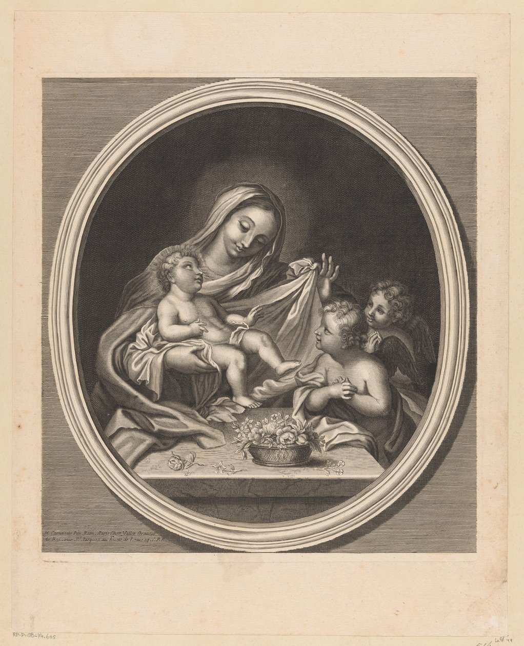 Maria com Criança e dois anjos atrás de uma mesa com um cesto de flores de Guillaume Vallet