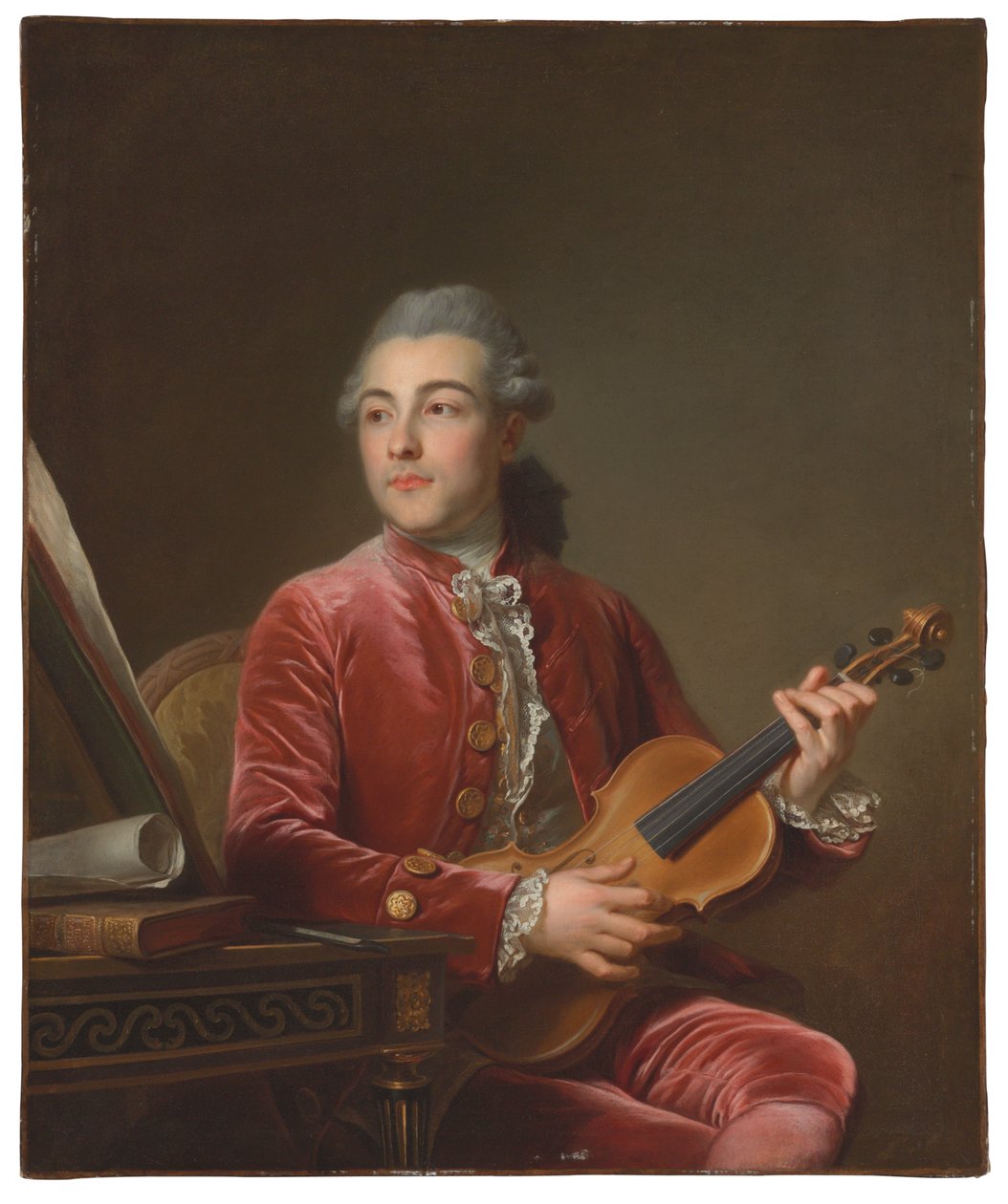 Retrato de um cavalheiro, meio comprimento, sentado em uma jaqueta de veludo vermelho com um violino (óleo sobre tela) de Guillaume Voiriot