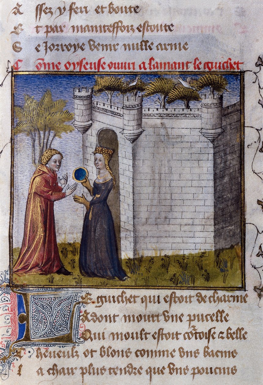 Uma cena galante entre dois amantes: a rapariga convida o seu amante a entrar. Miniatura de "" Le Romanesque de la Rose "" de Guillaume de Lorris de Guillaume de Lorris