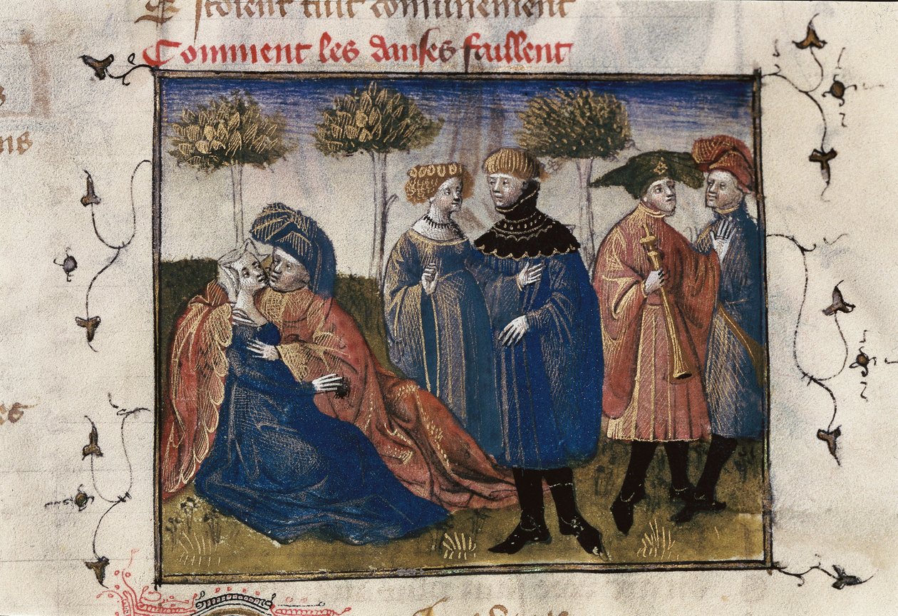 Uma cena galante de cortesãos, miniatura em "Roman de la Rose" de Guillaume Lorris de Guillaume de Lorris