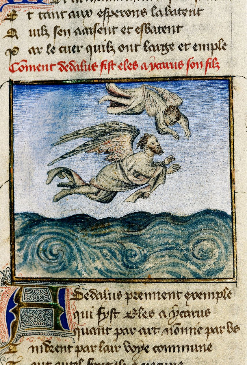 “" Dedale e Ícaro "" (Ícaro e Dédalo) Para fugir para Minos, Dedale empurra seu filho Ícaro para longe, graças às suas asas de cera. Miniatura de Guillaume Lorris do manuscrito "" O Romano da Rosa "". de Guillaume de Lorris
