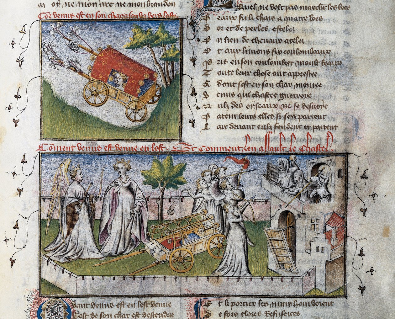 Como Vénus chega e invade o castelo construído por ciúmes, Miniatura de Guillaume Lorris do manuscrito Le Romanesque de la Rose, de Guillaume de Lorris