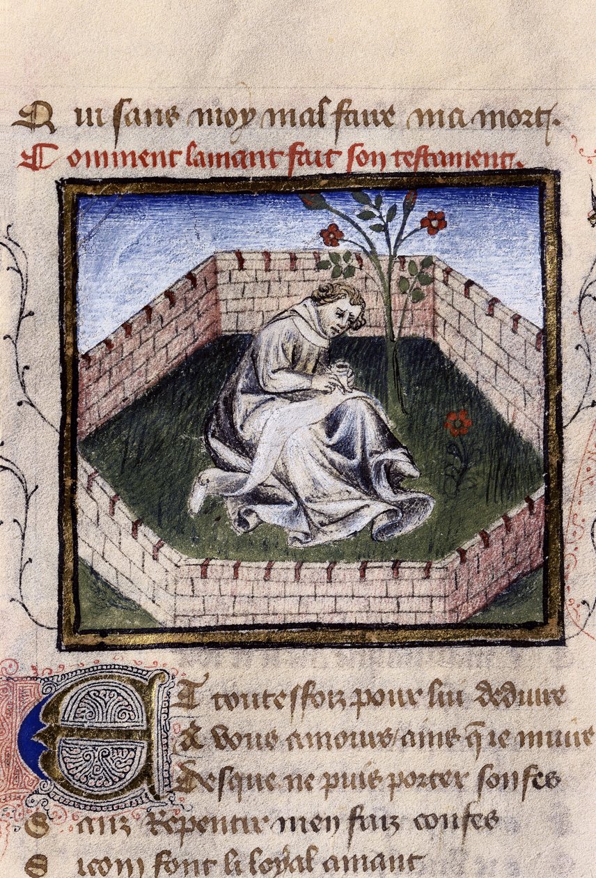 Representação de um jovem apaixonado no jardim das delícias descobrindo a fonte de Narciso, miniatura em "Roman de la Rose" de Guillaume Lorris de Guillaume de Lorris