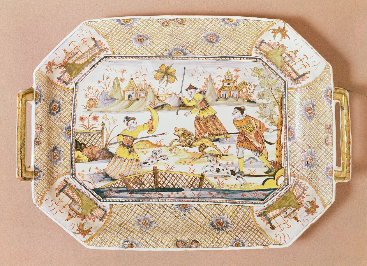 Prato octogonal com um padrão chinês de uma caça ao leão, c.1730 (cerâmica) de Guillibaud