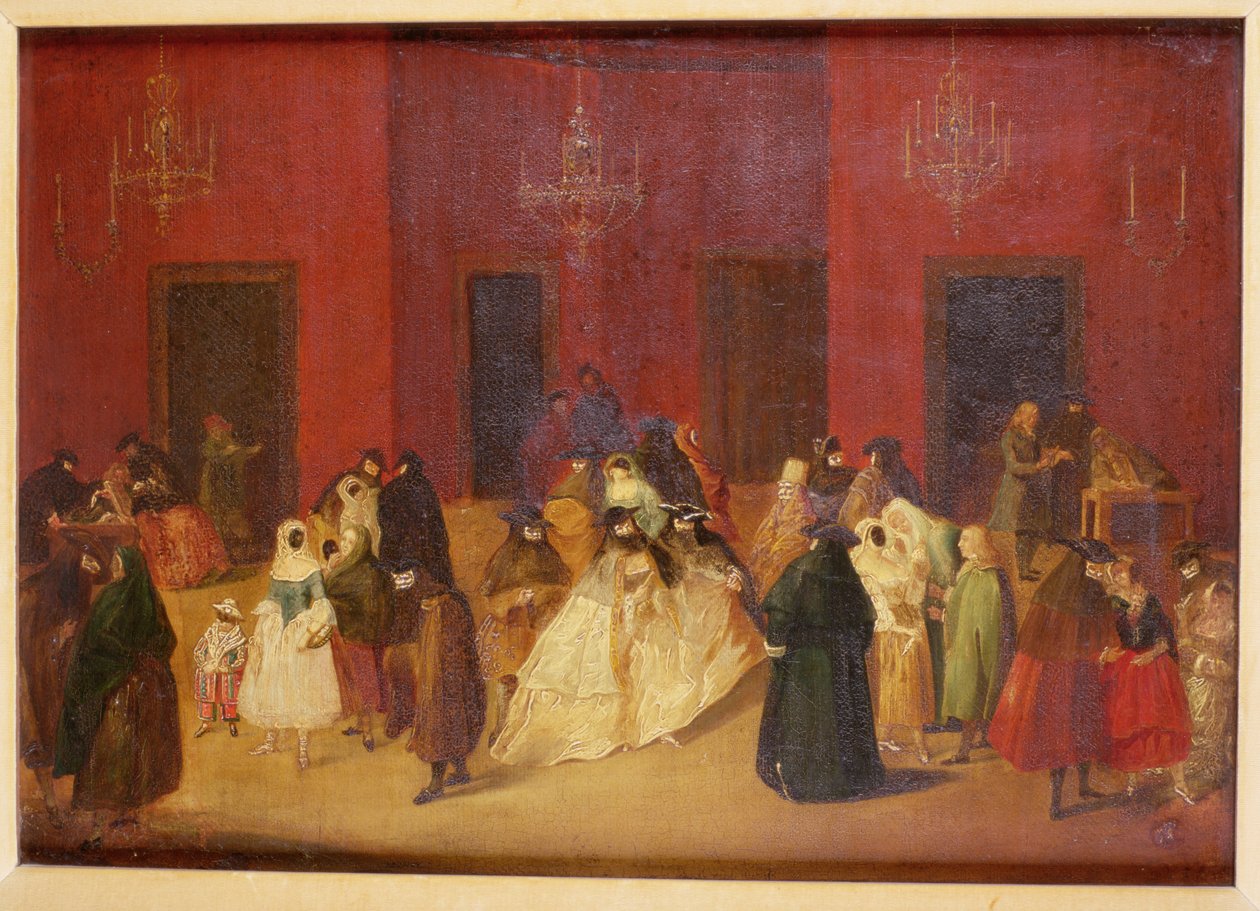 Um baile de máscaras na Praça de São Marcos no Café Florian, Veneza de Guiseppe Ponga