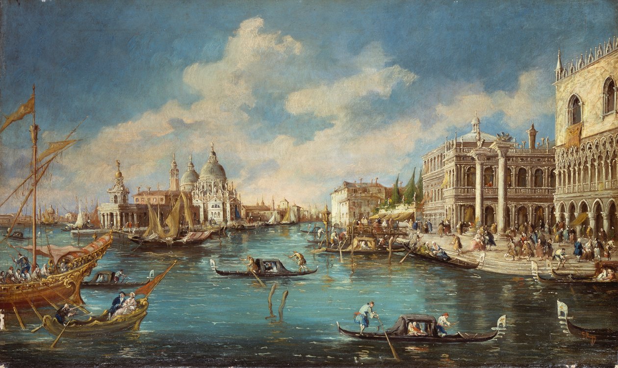 Igreja de Salute vista de Riva degli Schiavoni (passadiço), por Giuseppe Ponga (1856-1925), óleo sobre tela, 60x100 cm de Guiseppe Ponga