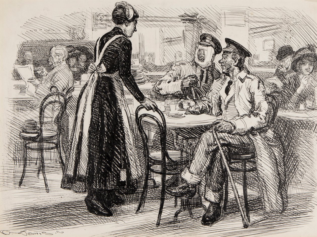 Desenhos animados da Primeira Guerra Mundial, provavelmente para Punch, 1916 (caneta uma tinta no papel) de Gurnell Charles Jennis