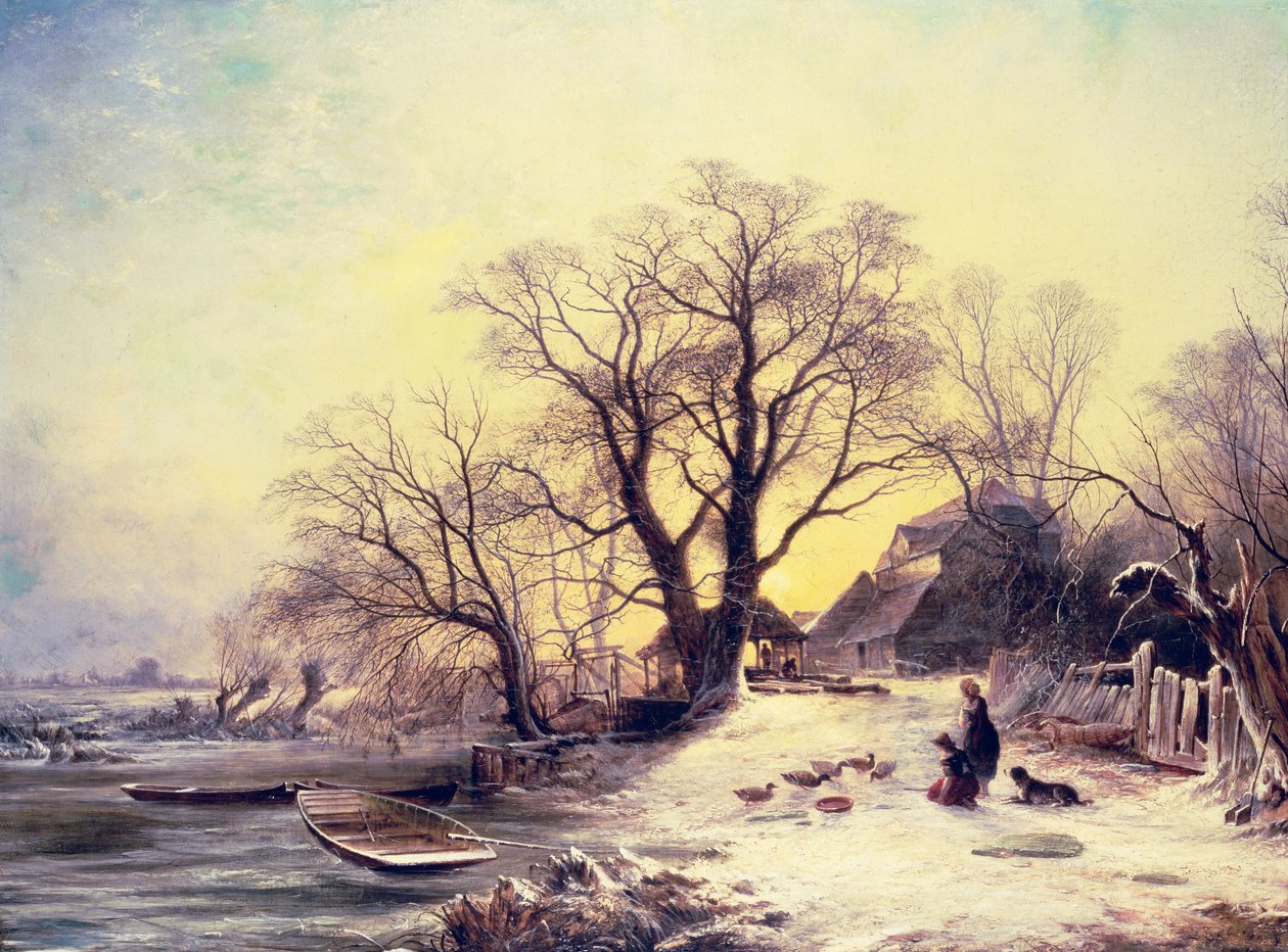 Figuras fora de uma cabana no inverno de Gustaf Fredrik Rydberg