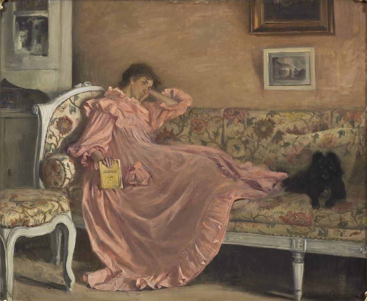Carola sentado no sofá, 1899 de Gustaf Olaf Cederstrom
