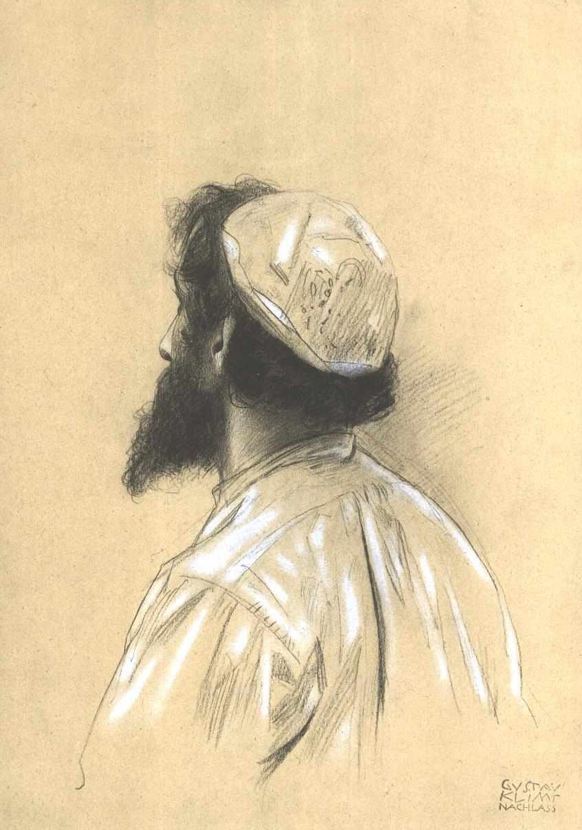 Barbudo, homem jovem, com, boné, em, perdido, perfil, à esquerda de Gustav Klimt