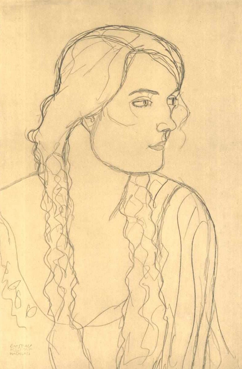 Meia retrato de uma menina com tranças de Gustav Klimt