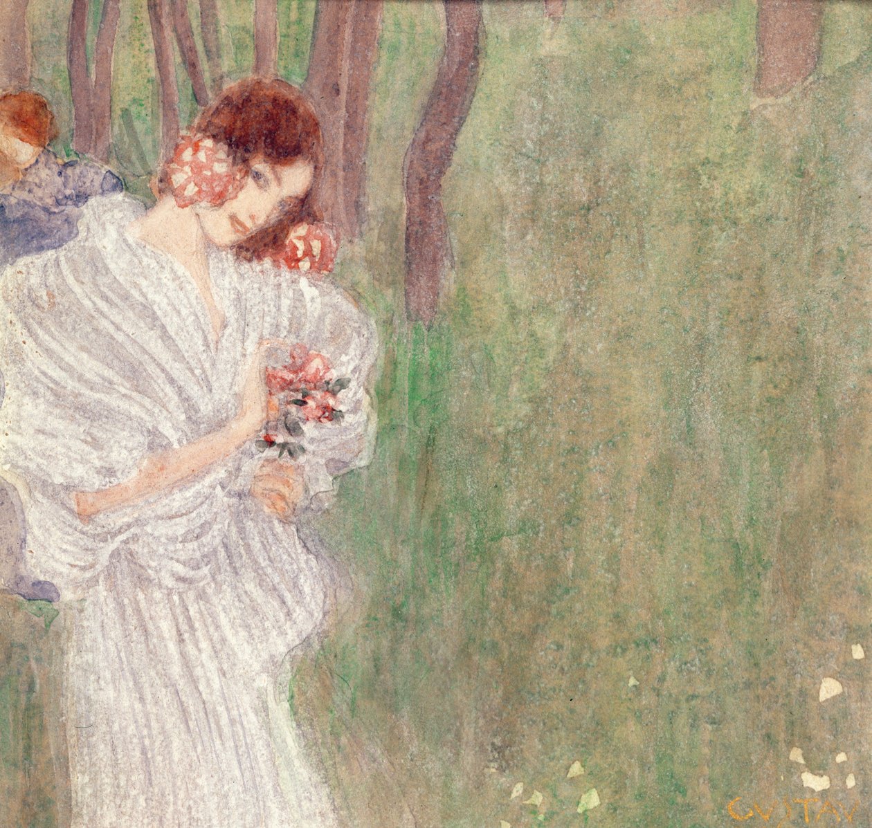 Menina, em, um, vestido branco, ficar, em, um, floresta de Gustav Klimt