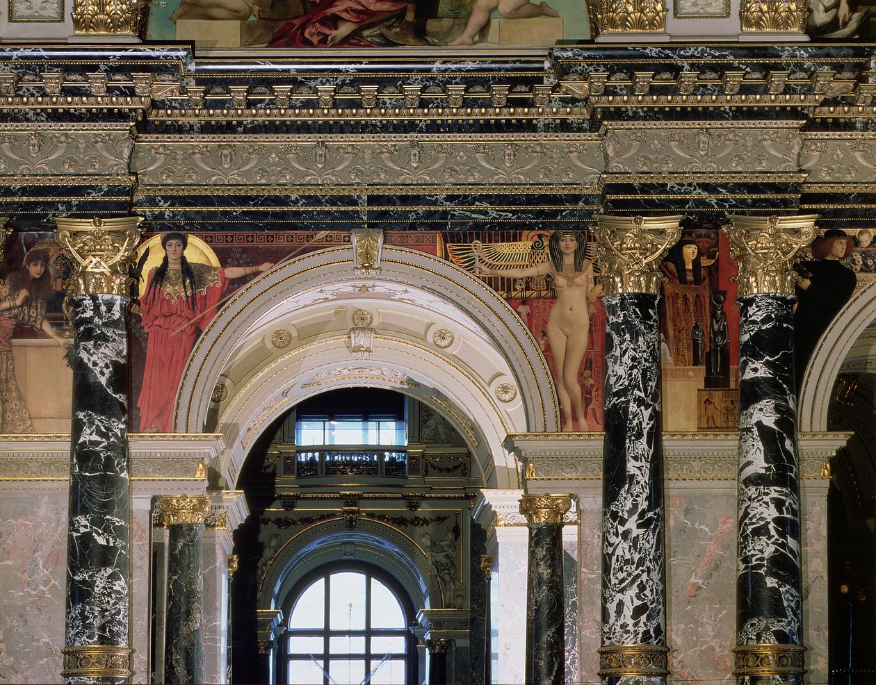 Interior, de, a, Kunsthistorisches, museu, viena, detalhe, descrevendo, archway, e, spandrel, decoração, de, figuras, descrevendo, antiga, grécia, e, egito antigo, viena, 189091, (mural) de Gustav Klimt
