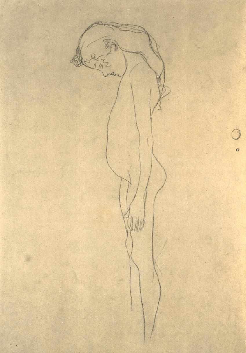 Menina nua com a cabeça abaixada para a esquerda de Gustav Klimt