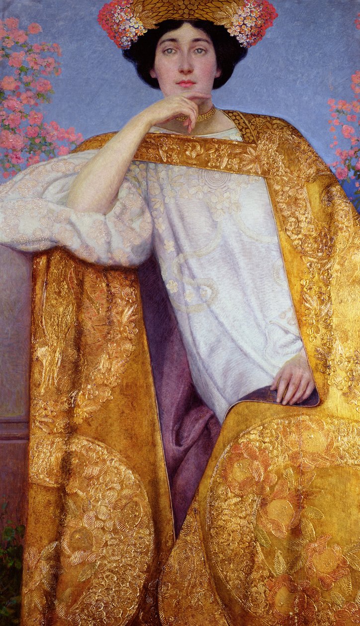 Retrato de uma mulher em um vestido dourado, pintado em colaboração com Ernst Klimt (1864-92) Franz Matsch (1861-1942) e seu estúdio, 1886-87 de Gustav Klimt