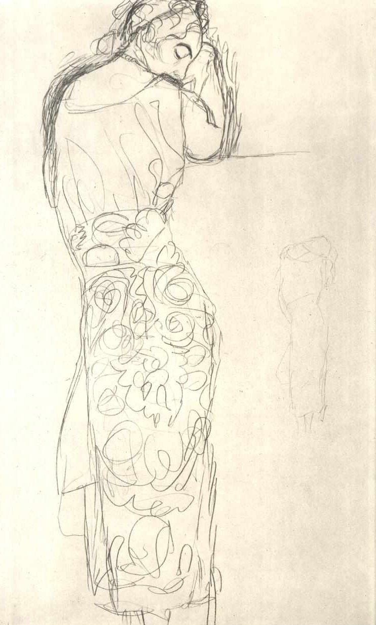 Vista traseira, de, um, ficar, mulher, em, um, patterned, saia de Gustav Klimt
