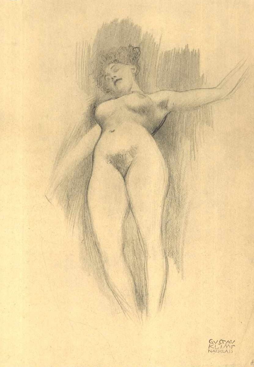 Flutuando nu contra um fundo escuro de Gustav Klimt