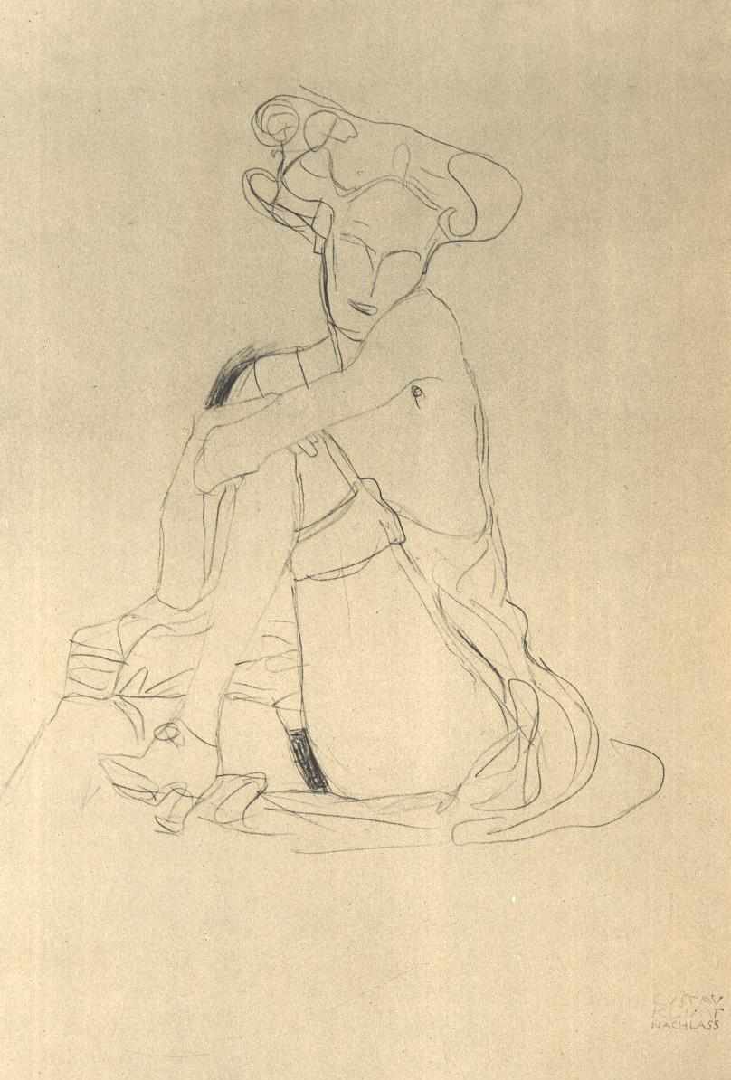 Mulher sentada com perna esquerda apoiada de Gustav Klimt
