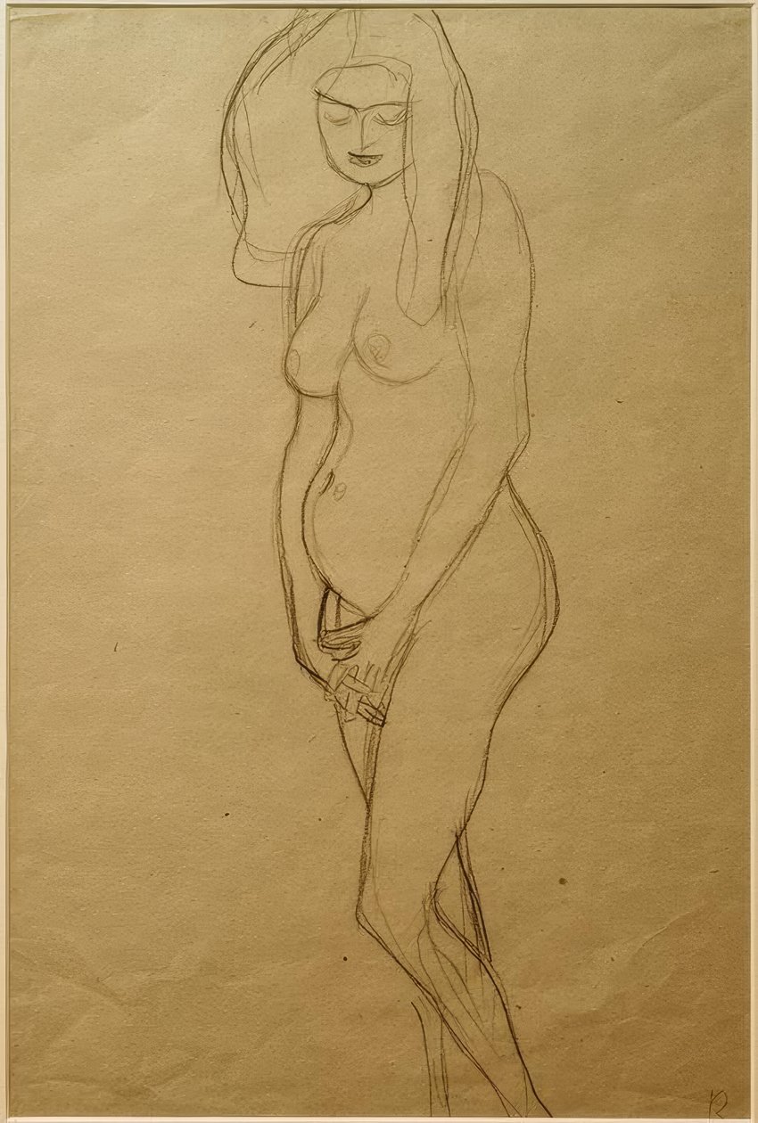 De pé mulher grávida nua para a esquerda, mãos ... de Gustav Klimt