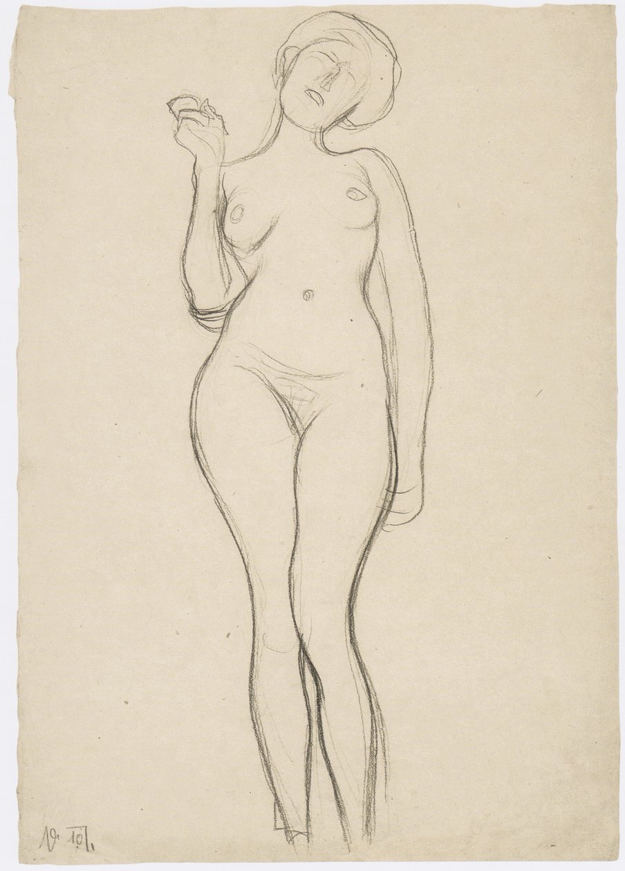 Mulher em pé agir de frente com o braço direito levantado de Gustav Klimt