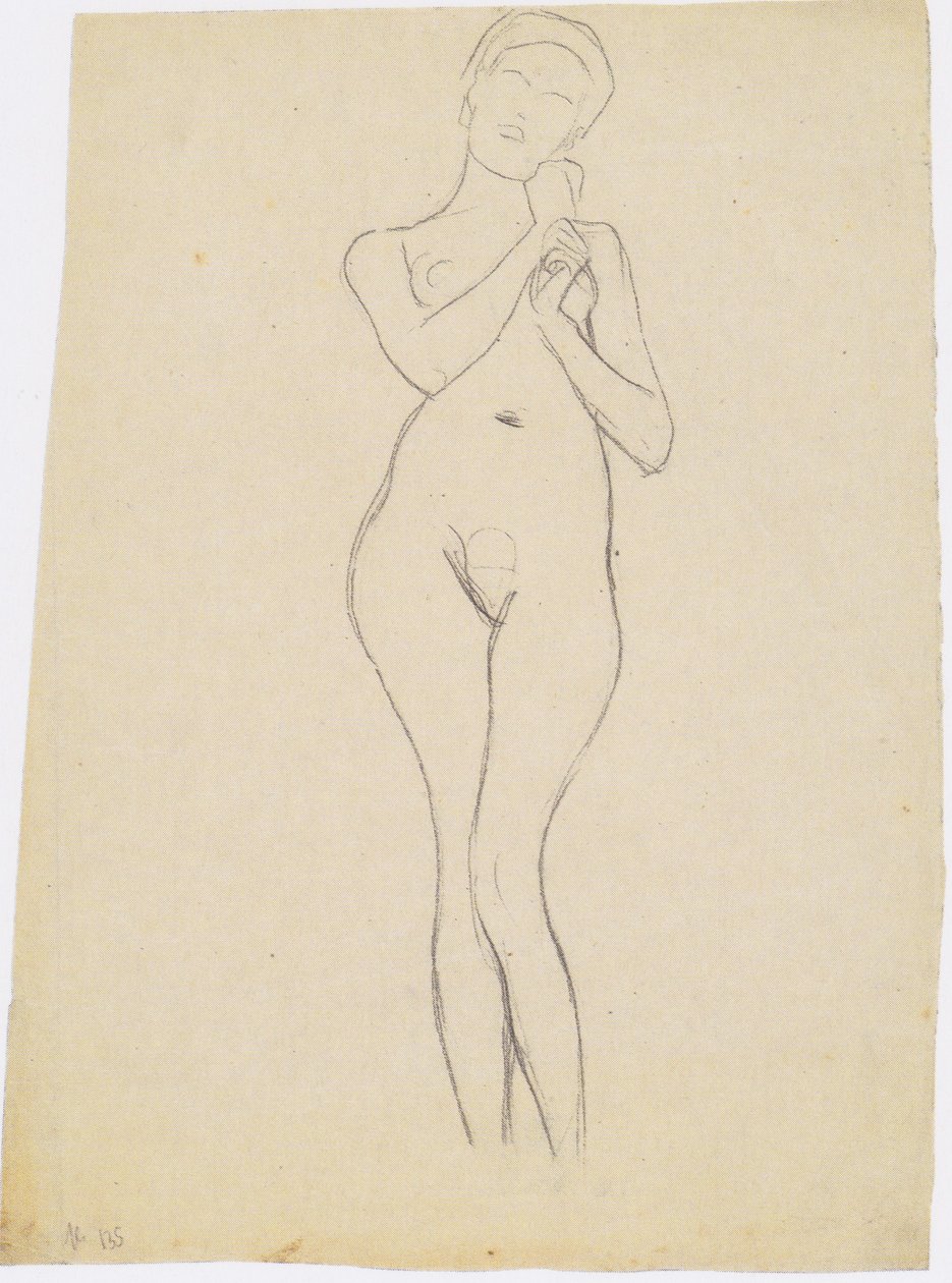 Mulher em pé agir de frente com os braços levantados de Gustav Klimt