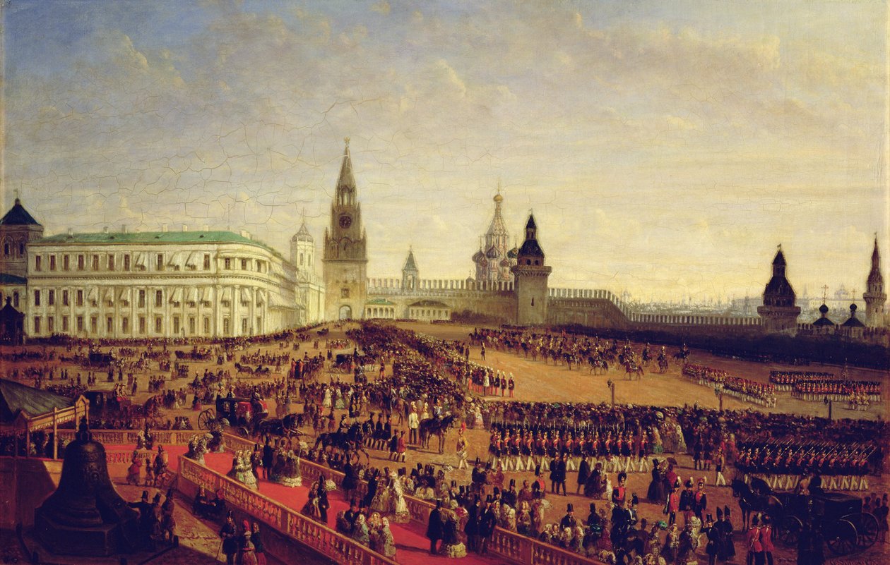 Desfile militar durante a coroação de Alexandre II no Kremlin de Moscou em 18 de fevereiro de 1855, 1856 de Gustav Schwarz