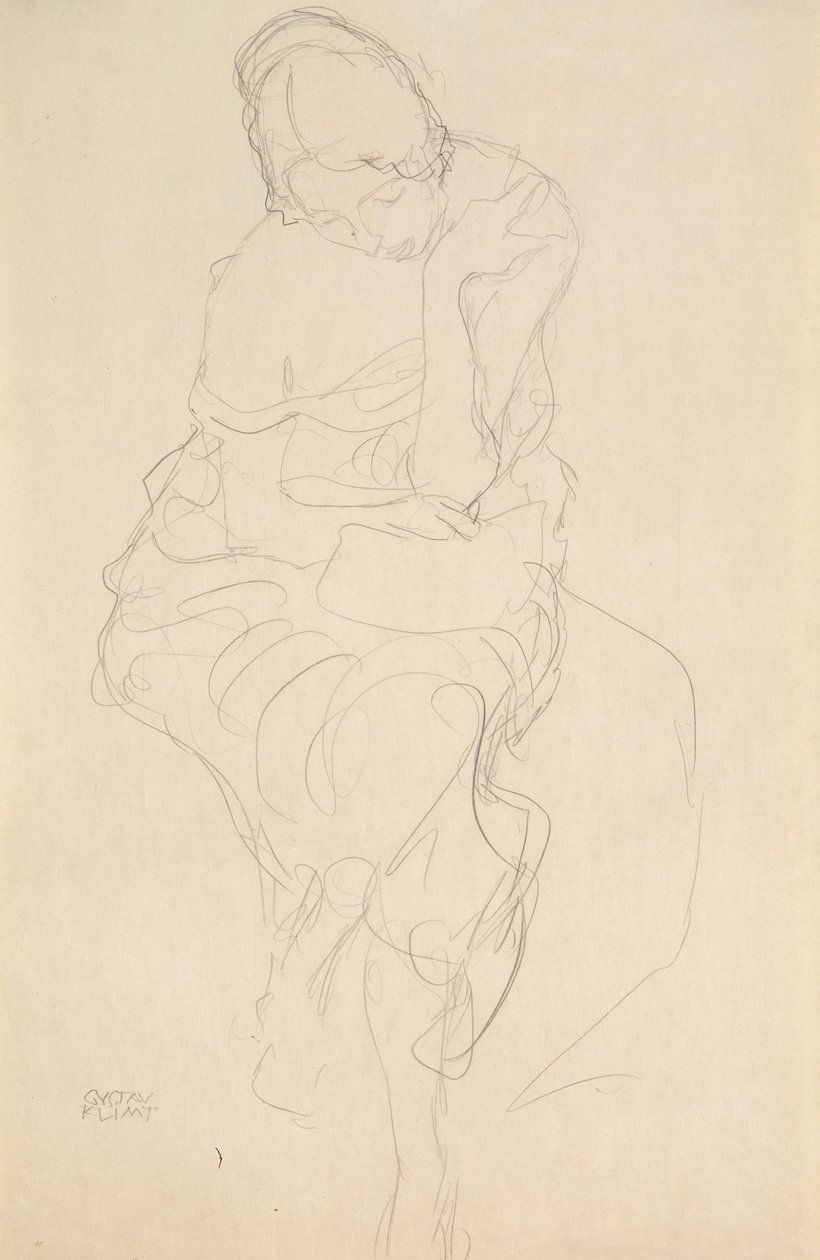 Sentado em um banquinho da frente de Gustav Klimt