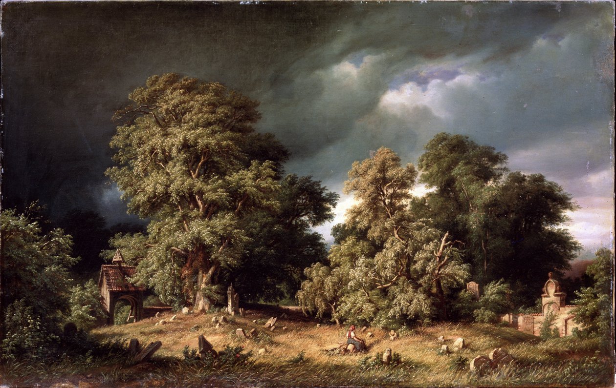 O Cemitério Velho. Uma mulher está sentada sozinha em um cemitério rural isolado enquanto o céu se enche de nuvens escuras. Pintura de Gustav Paul Closs (1840-1870), óleo sobre tela, por volta de 1865. Arte alemã, paisagem do século XIX. Senhor. de Gustav Adolf Closs