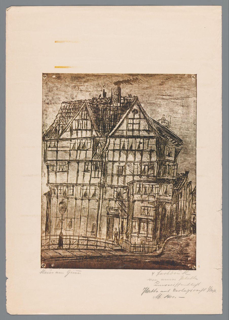 Reprodução de uma gravura ou desenho com vista para uma casa antiga, possivelmente em Greiz na Alemanha de Gustav Digel (signed by artist)