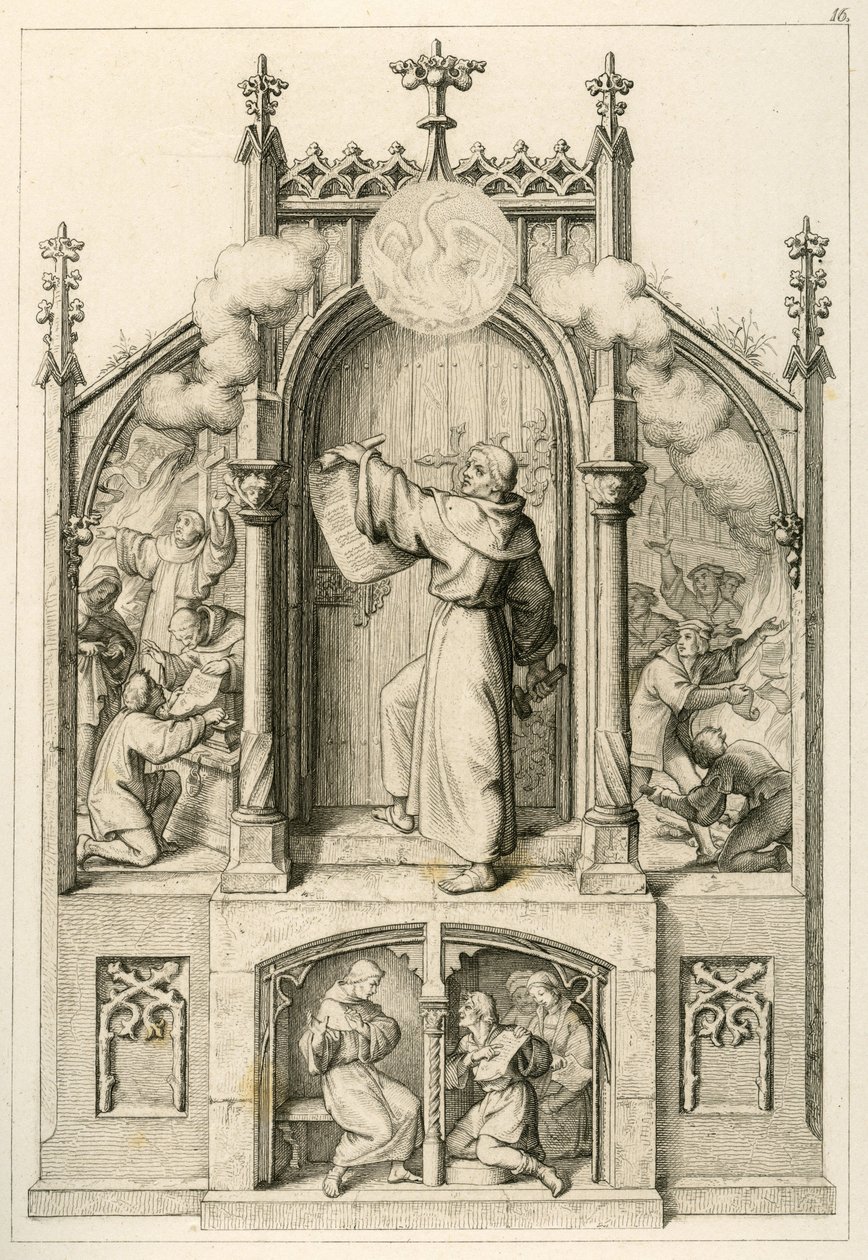 Lutero não quer dar indulgências, à esquerda: Johann Tetzel (1465-1519) está a queimar os documentos de Lutero, a imagem principal: Lutero pendura as suas 95 teses na porta da igreja de Wittenberg, à direita: estudantes da universidade de Wittenberg a quei de Gustav Ferdinand Leopold Konig