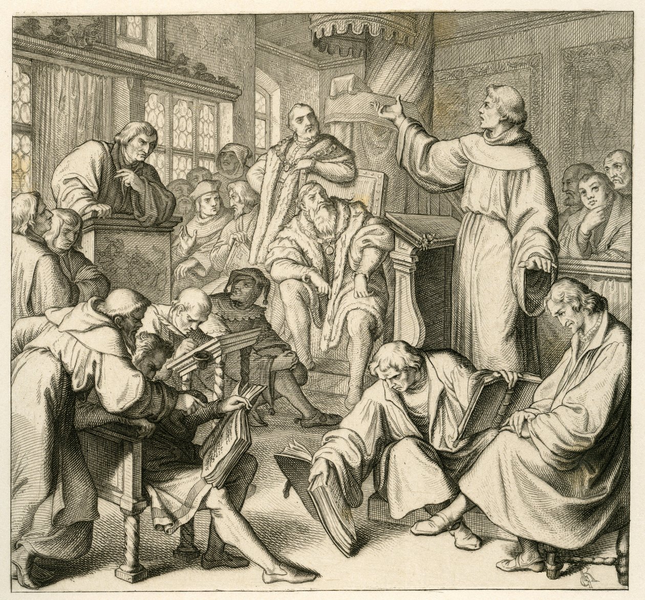 Martinho Lutero em discussão com o Dr. Johannes Eck (Johann Maier von Eck) (1486-1543), do lado de Lutero está Philipp Melanchthon (1497-1560) e Karlstadt (Andreas Rudolf Bodenstein von Karlstadt de Gustav Ferdinand Leopold Konig