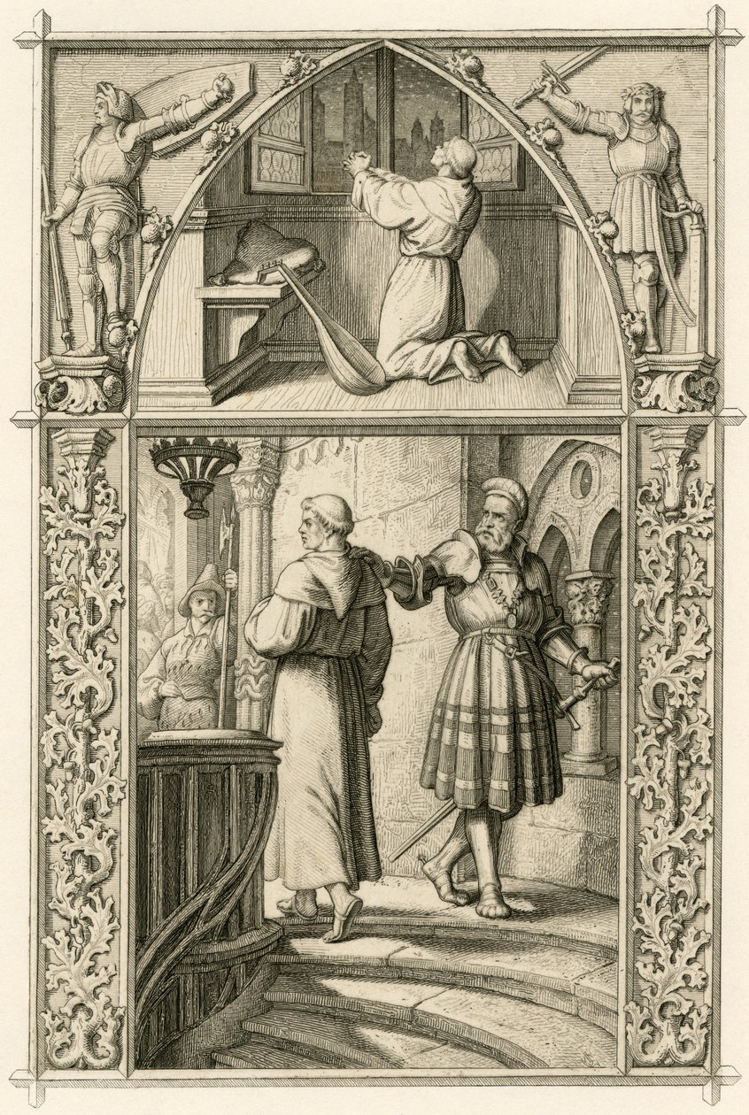 Martinho Lutero prepara-se com uma oração para o encontro com o imperador (imagem acima); imagem principal: Lutero encontra-se com o cavaleiro George (Georg) von Frundsberg (Jorg von Fronsberg, Freundsbergin de Gustav Ferdinand Leopold Konig
