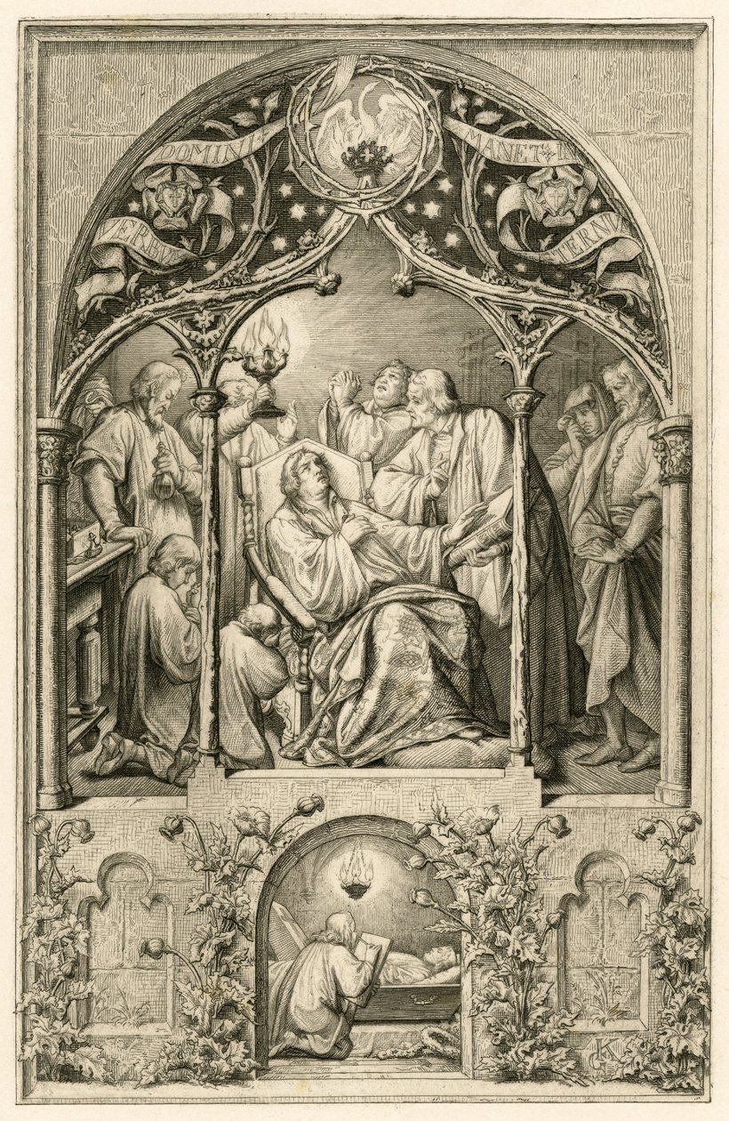 A morte de Martinho Lutero, os dois filhos de Lutero, ajoelhados em frente do pai, o Dr. Justus Jonas diz as últimas palavras, atrás deles Michael Coelius a rezar, Johannes Aurifaber com um candelabro, o médico Simon Wild com medicamentos e à direita o con de Gustav Ferdinand Leopold Konig