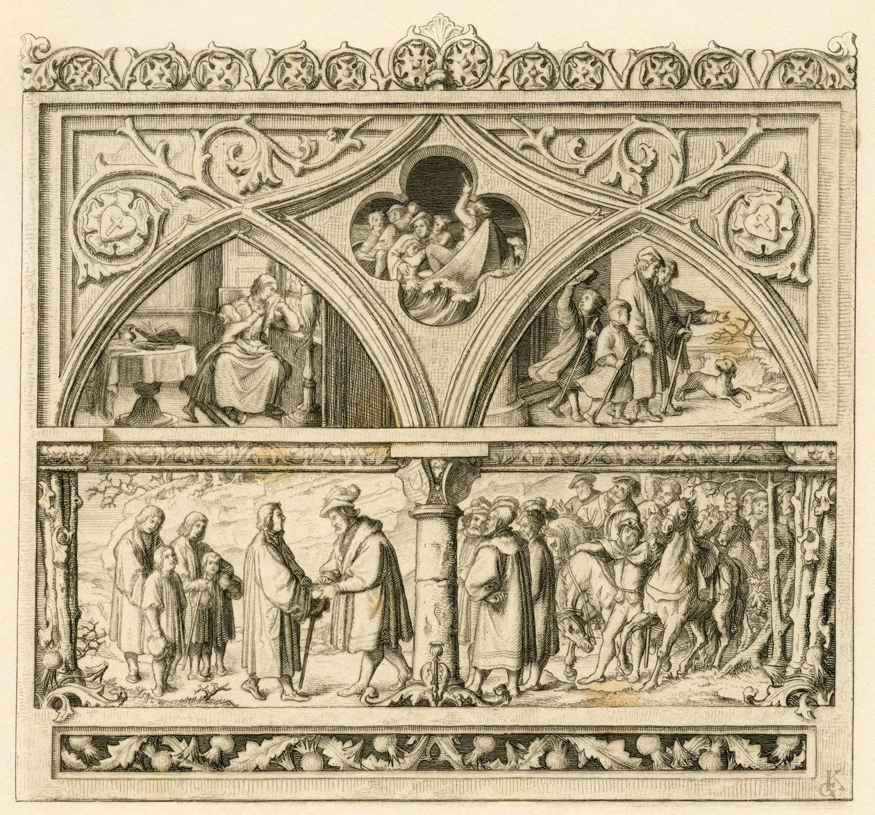 A viagem de Martinho Lutero ao conde Mansfeld (Hoyer VI de Mansfeld-Vorderort (1477-1540); imagem em cima à esquerda: a triste Katharina, no meio: o furioso rio Saale, à direita: Lutero com os seus filhos. imagem em baixo: Lutero e o conde de Gustav Ferdinand Leopold Konig