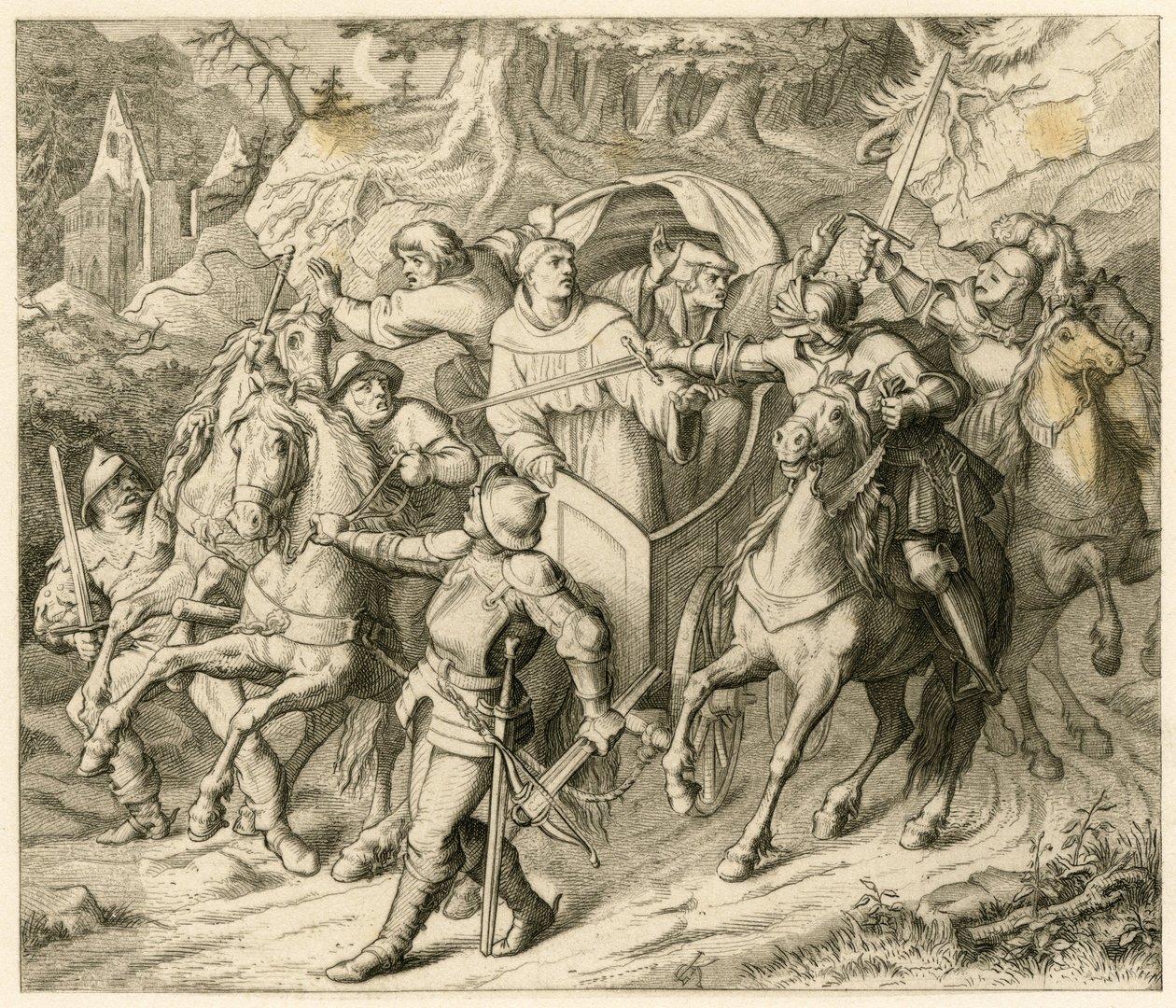 O rapto de Martinho Lutero na sua viagem de regresso - 1521 - por Hauptmann von Berlepsch e Burkhard Hund, por causa da bula de excomunhão do papa e da ilegalidade do imperador de Gustav Ferdinand Leopold Konig