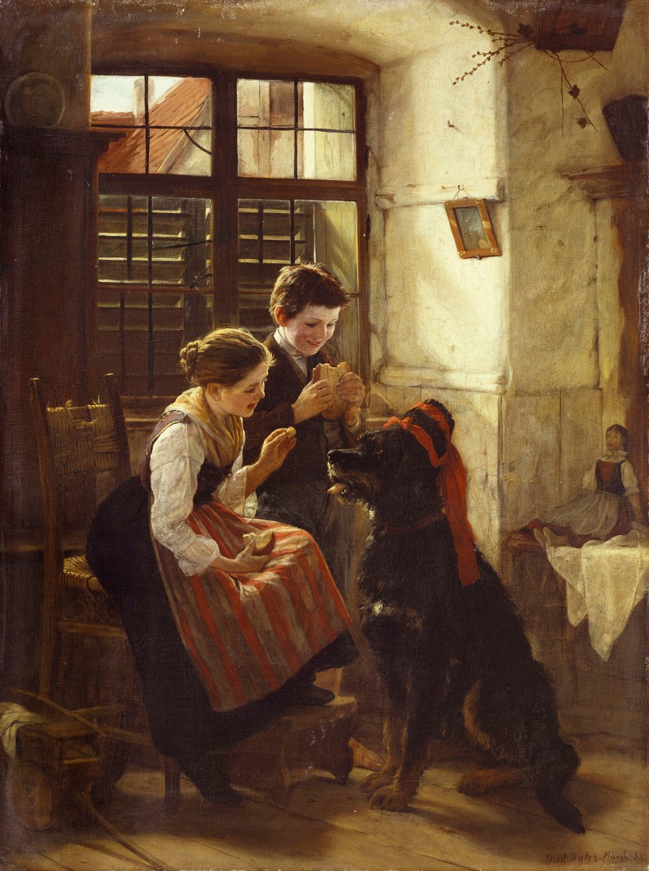 O animal de estimação doente. Duas crianças colocaram um chapéu no seu cão (um animal doméstico) e estão a dar-lhe pão para comer. Pintura de Gustav Igler (1842-1908) de Gustav Igler