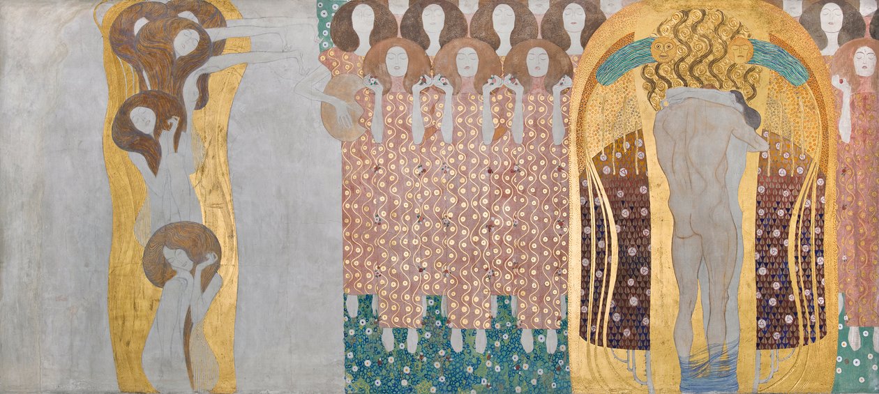 Beethoven Frieze: The Arts, Paradise Choir and Embrace - Placa 8, parede longa direita de Gustav Klimt