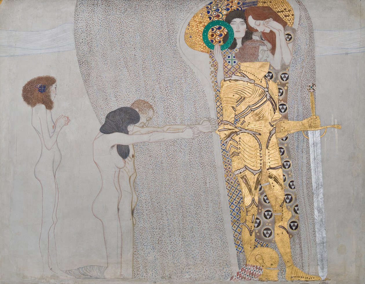 Beethoven Frieze: The Sufferings of Weak Humanity e The Well-Equipped Strong - painel 3, parede longa esquerda de Gustav Klimt