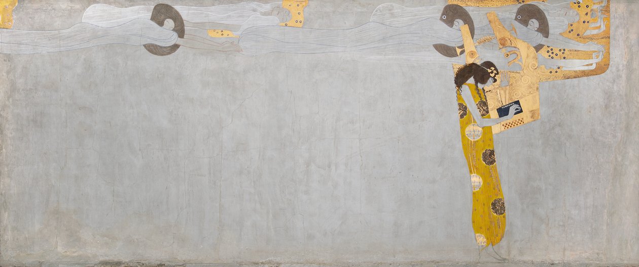 Beethoven Frieze: O Anseio de Felicidade Encontra Satisfação na Poesia - painel 7, parede longa direita de Gustav Klimt